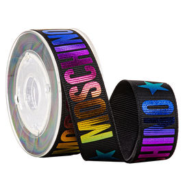 สีดำพิมพ์ Grosgrain ริบบิ้นฟอยล์สีรุ้งทองสำหรับบรรจุภัณฑ์ของขวัญวันหยุด